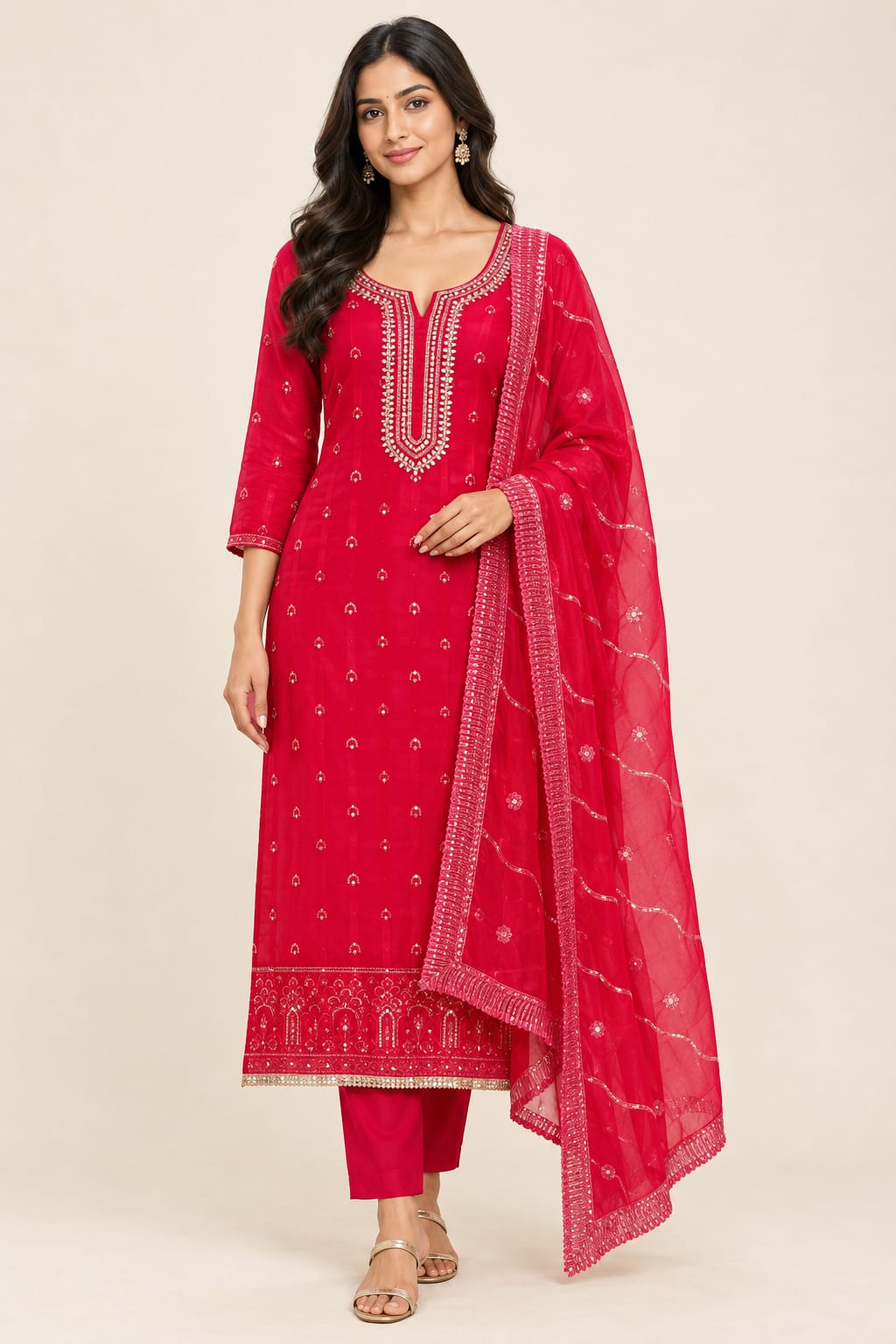 Karwachauth Special Organza Unstitched Suit with Kundan Dabka Work & Scalped Dupatta
