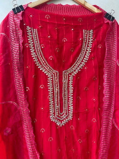 Karwachauth Special Organza Unstitched Suit with Kundan Dabka Work & Scalped Dupatta