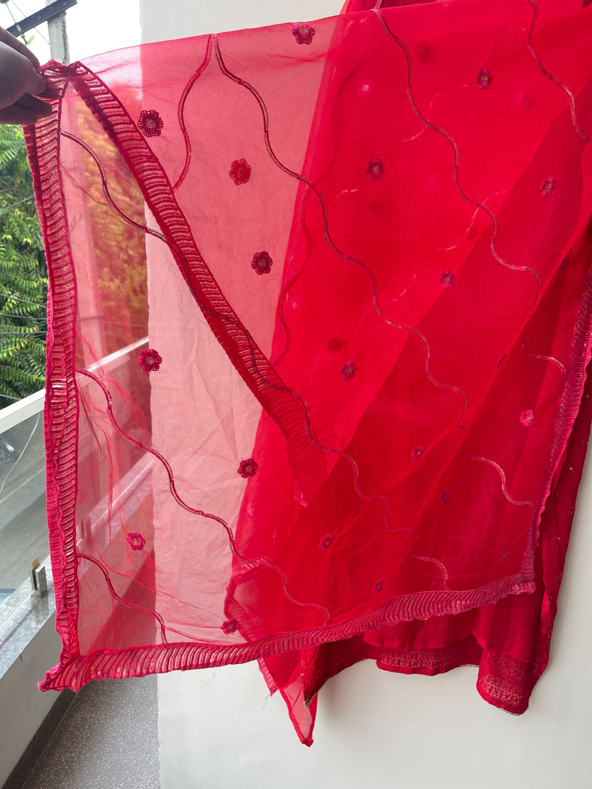 Karwachauth Special Organza Unstitched Suit with Kundan Dabka Work & Scalped Dupatta