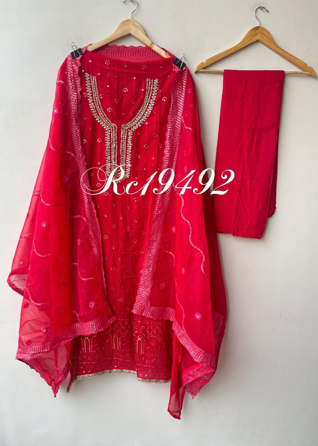 Karwachauth Special Organza Unstitched Suit with Kundan Dabka Work & Scalped Dupatta