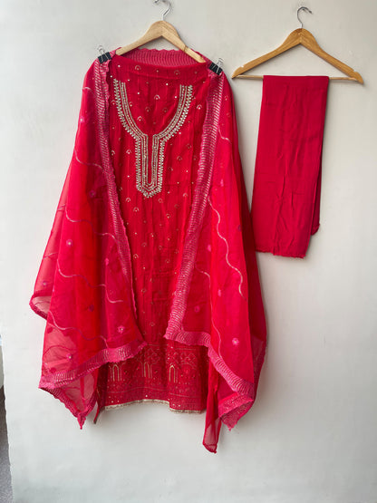 Karwachauth Special Organza Unstitched Suit with Kundan Dabka Work & Scalped Dupatta
