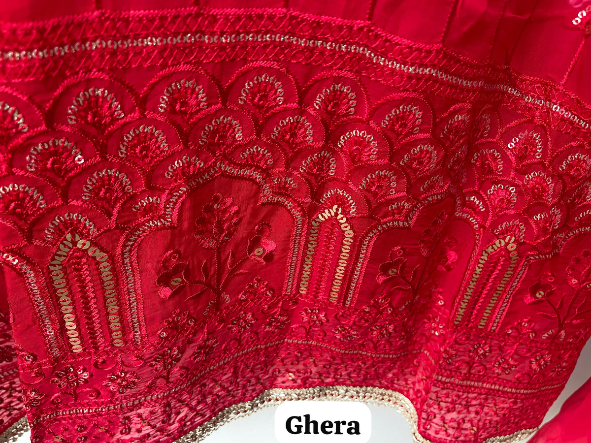 Karwachauth Special Organza Unstitched Suit with Kundan Dabka Work & Scalped Dupatta