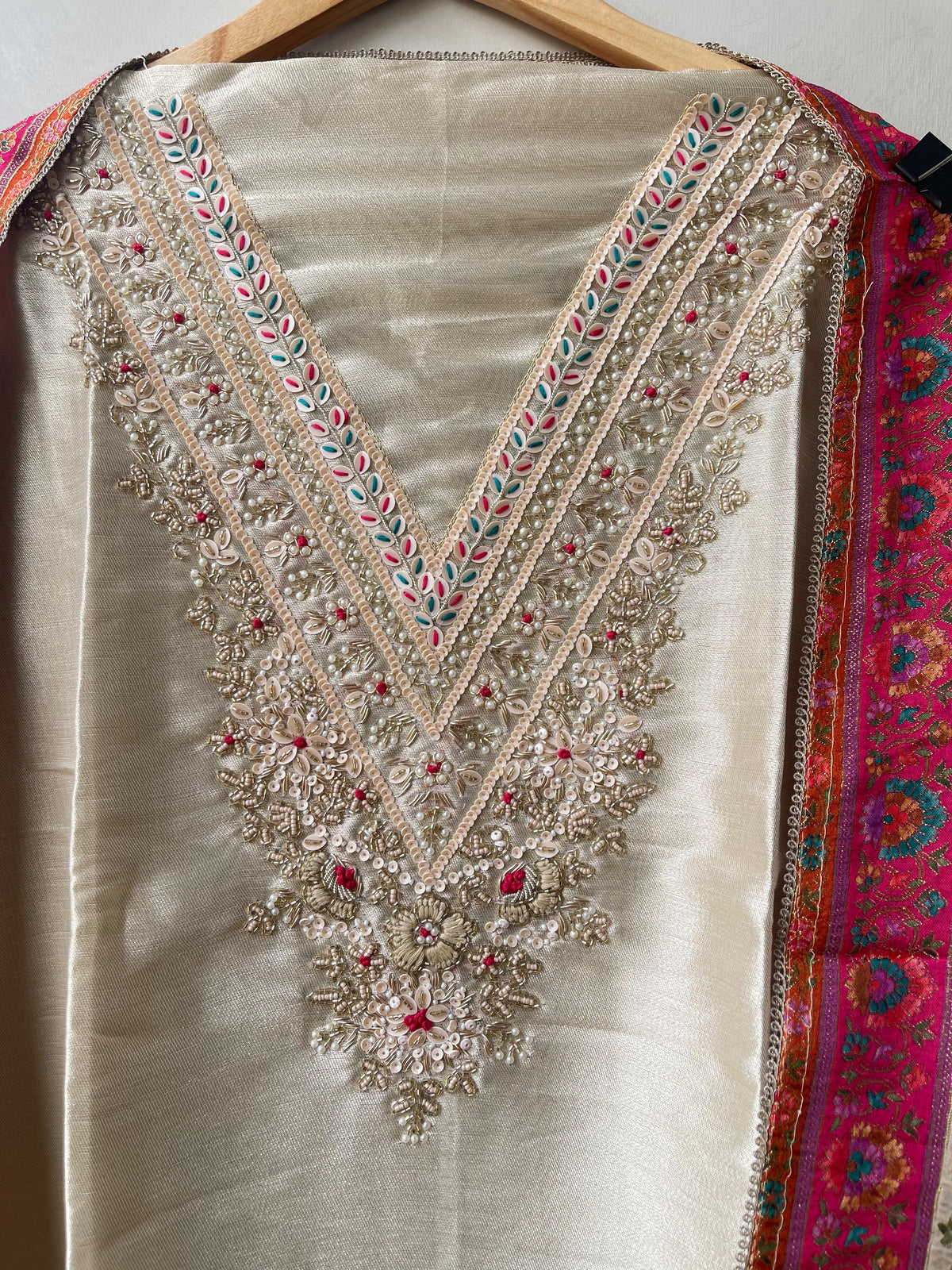 Pure Giraffe Silk Unstitched Suit with Dabka Zari Embroidery and Banarasi Dupatta