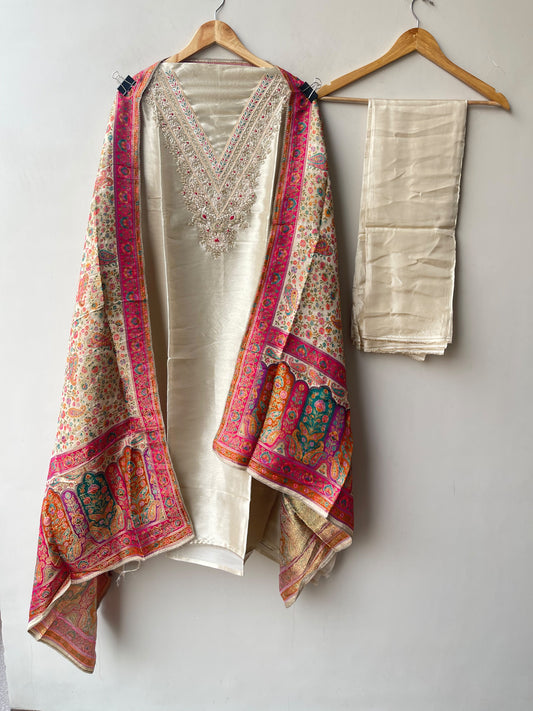 Pure Giraffe Silk Unstitched Suit with Dabka Zari Embroidery and Banarasi Dupatta