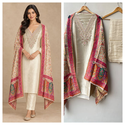 Pure Giraffe Silk Unstitched Suit with Dabka Zari Embroidery and Banarasi Dupatta
