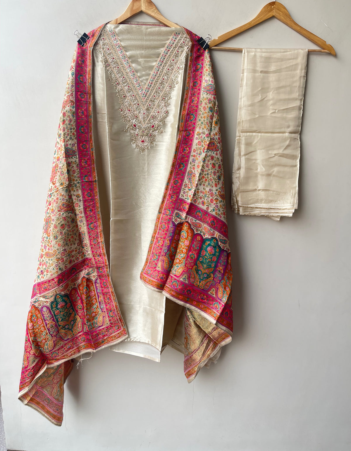 Pure Giraffe Silk Unstitched Suit with Dabka Zari Embroidery and Banarasi Dupatta