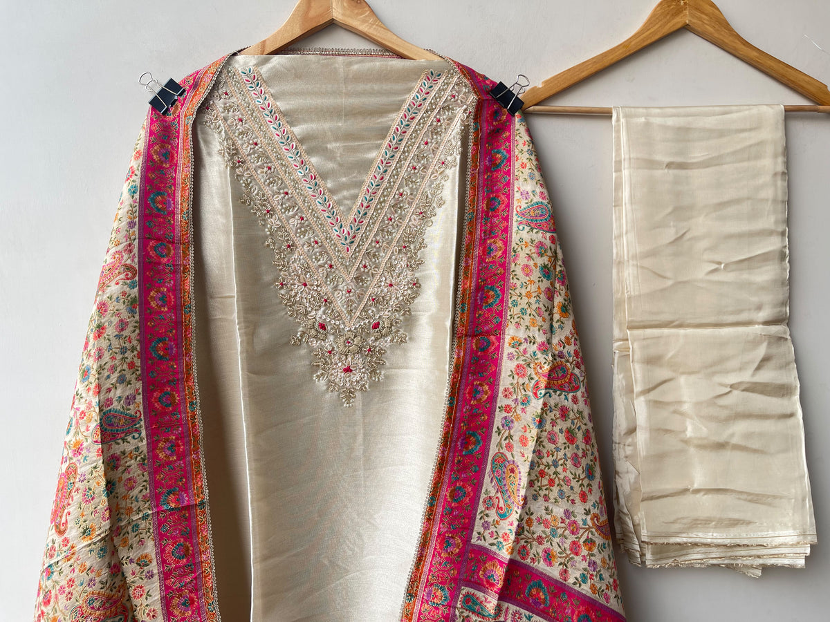 Pure Giraffe Silk Unstitched Suit with Dabka Zari Embroidery and Banarasi Dupatta