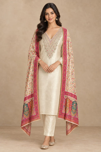 Pure Giraffe Silk Unstitched Suit with Dabka Zari Embroidery and Banarasi Dupatta