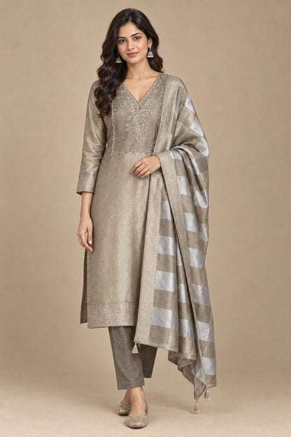Pure Giraffe Silk Weaving Unstitched Suit with Hand Dabka Embroidery & Tassel Dupatta