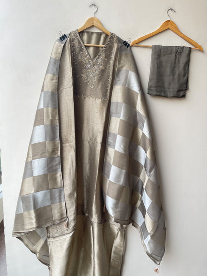 Pure Giraffe Silk Weaving Unstitched Suit with Hand Dabka Embroidery & Tassel Dupatta