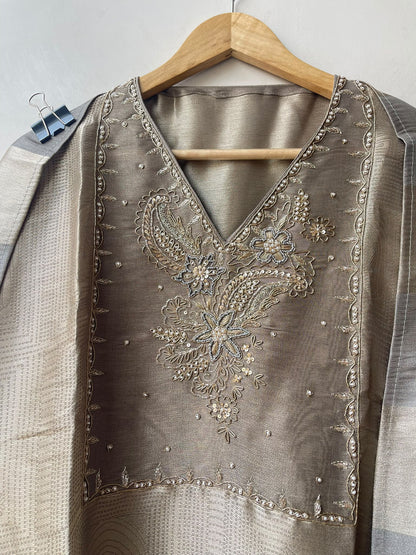 Pure Giraffe Silk Weaving Unstitched Suit with Hand Dabka Embroidery & Tassel Dupatta