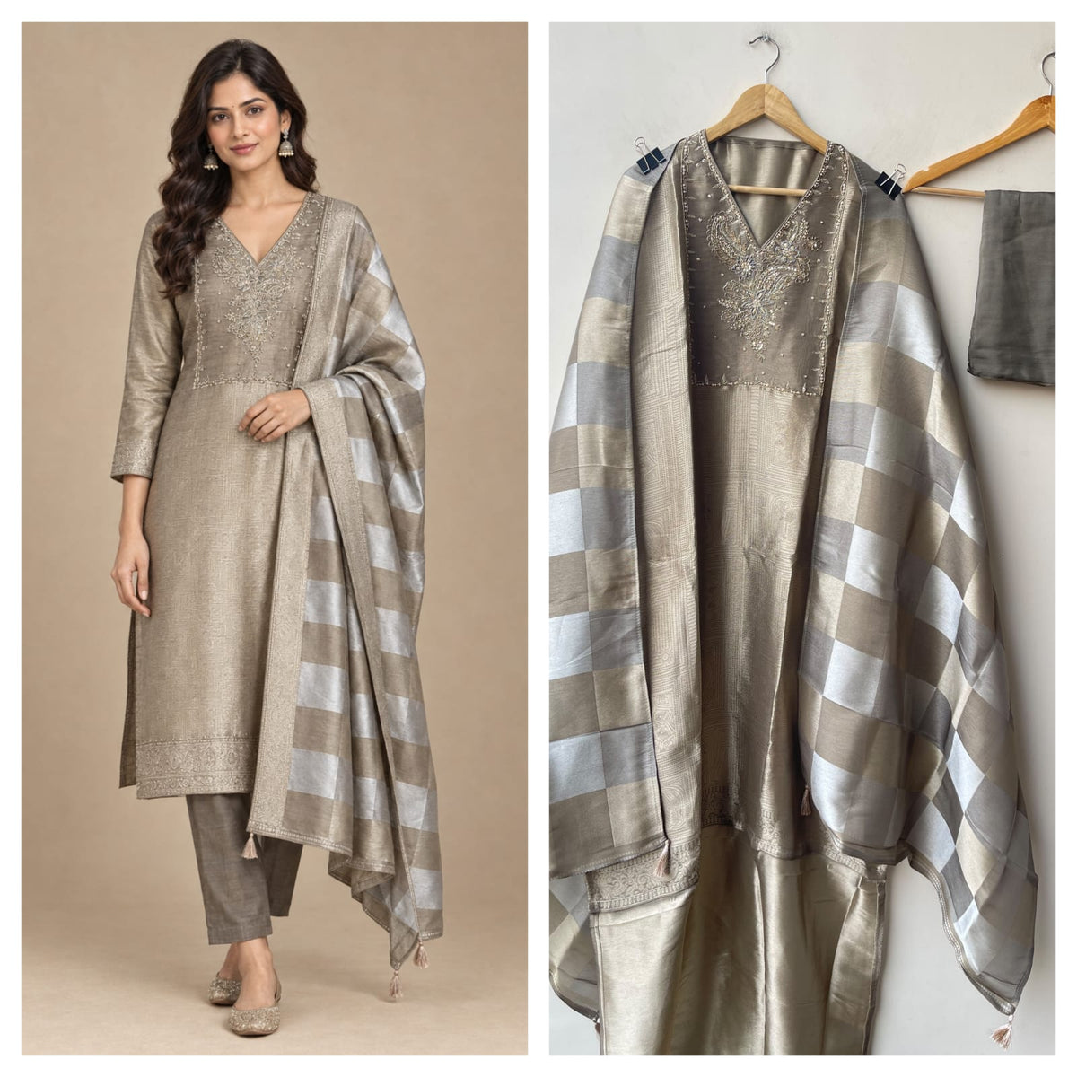 Pure Giraffe Silk Weaving Unstitched Suit with Hand Dabka Embroidery & Tassel Dupatta