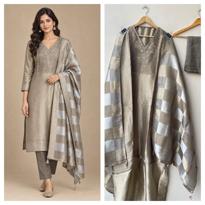 Pure Giraffe Silk Weaving Unstitched Suit with Hand Dabka Embroidery & Tassel Dupatta