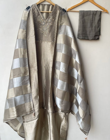 Pure Giraffe Silk Weaving Unstitched Suit with Hand Dabka Embroidery & Tassel Dupatta
