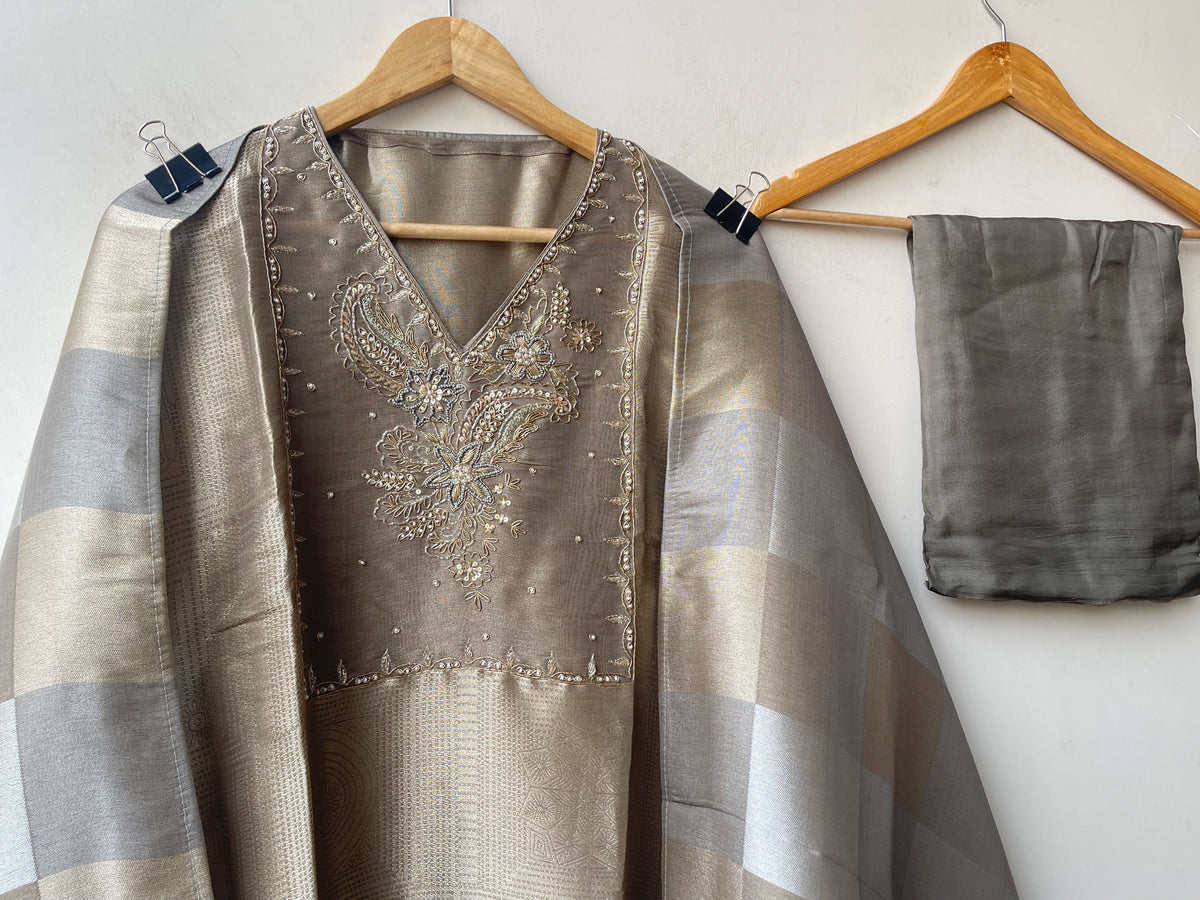 Pure Giraffe Silk Weaving Unstitched Suit with Hand Dabka Embroidery & Tassel Dupatta