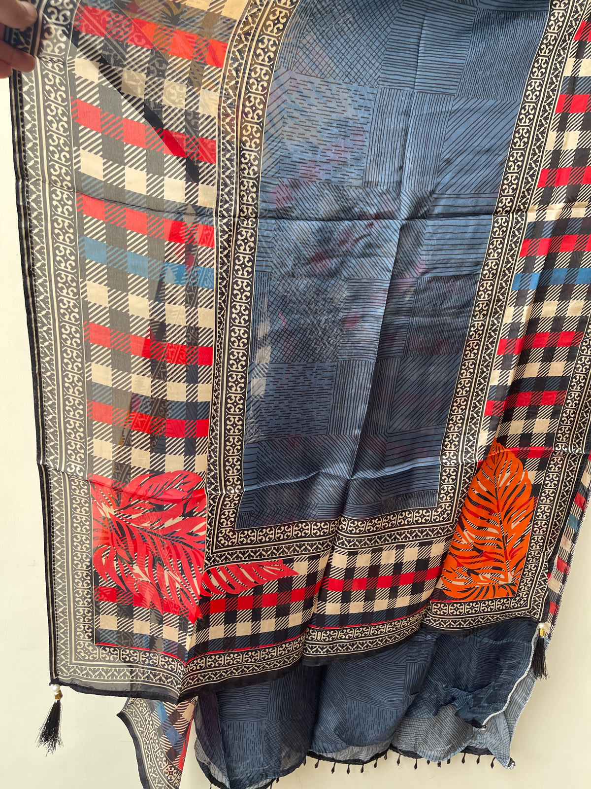 Glass Organza Printed Unstitched Suit with Coin Embroidery & Pearl Ghera Lace