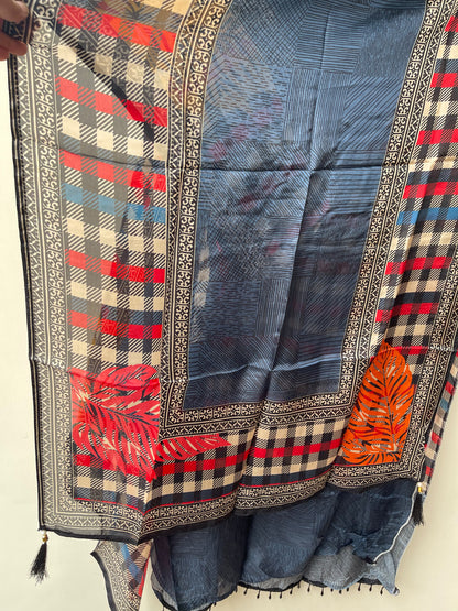 Glass Organza Printed Unstitched Suit with Coin Embroidery & Pearl Ghera Lace