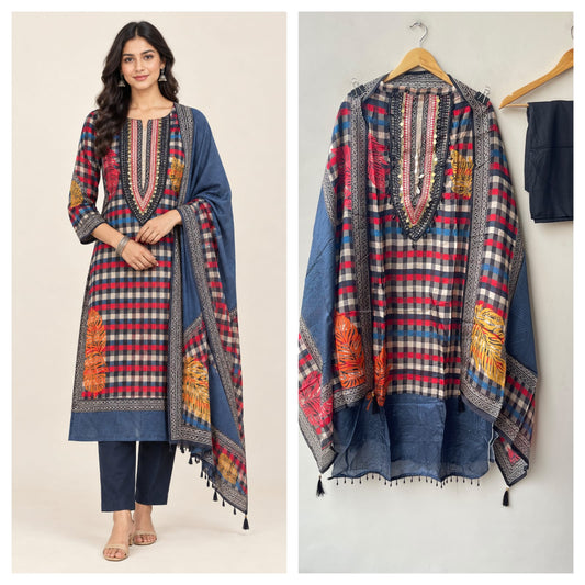 Glass Organza Printed Unstitched Suit with Coin Embroidery & Pearl Ghera Lace