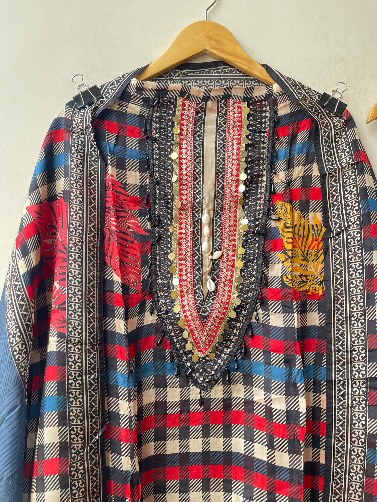 Glass Organza Printed Unstitched Suit with Coin Embroidery & Pearl Ghera Lace