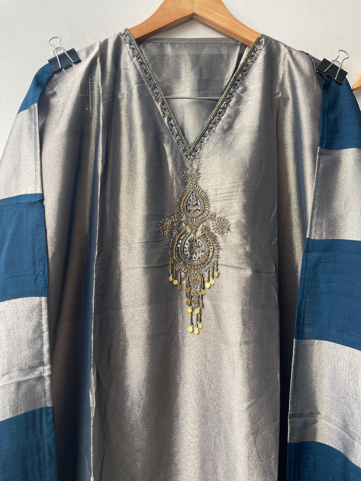 Pure Silk Unstitched Suit with Dabka Pearl Embroidery, Coin Hanging & Printed Silk Dupatta