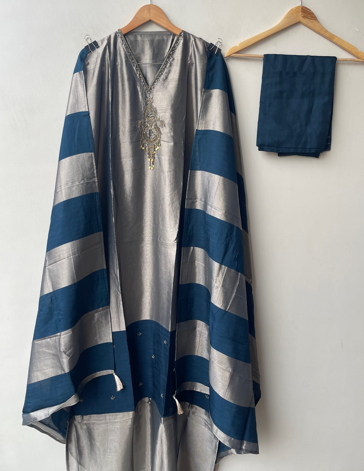Pure Silk Unstitched Suit with Dabka Pearl Embroidery, Coin Hanging & Printed Silk Dupatta
