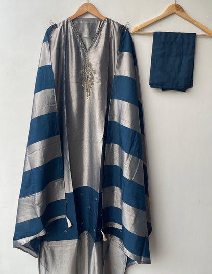 Pure Silk Unstitched Suit with Dabka Pearl Embroidery, Coin Hanging & Printed Silk Dupatta