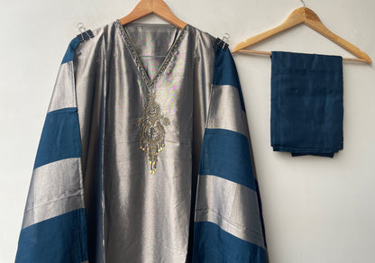 Pure Silk Unstitched Suit with Dabka Pearl Embroidery, Coin Hanging & Printed Silk Dupatta