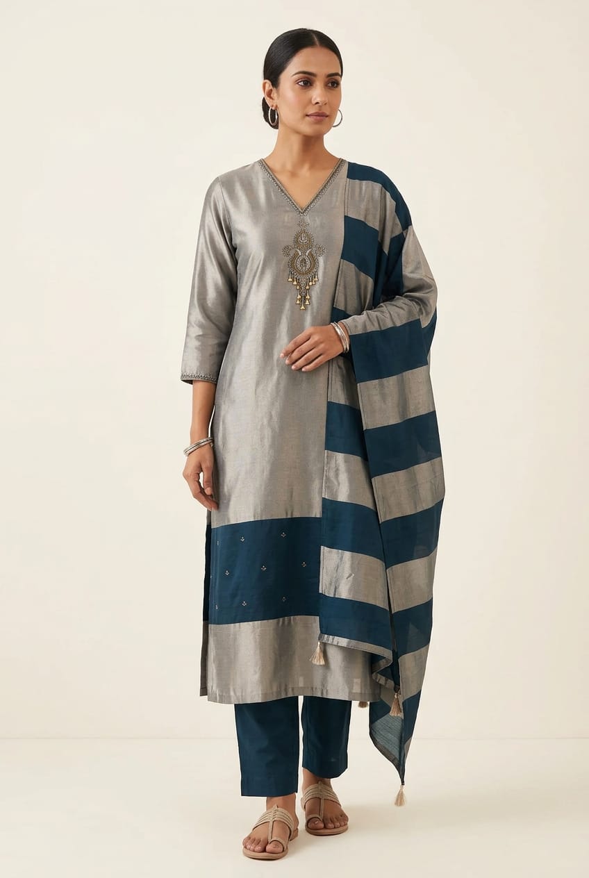 Pure Silk Unstitched Suit with Dabka Pearl Embroidery, Coin Hanging & Printed Silk Dupatta