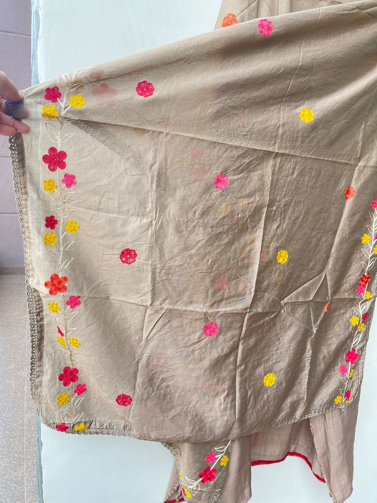 Mul Cotton Silk Unstitched Suit with Resham Mirror Kutdanna Work & Crotia Lace Dupatta