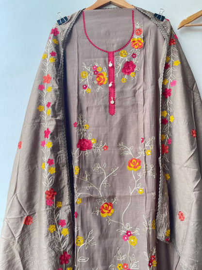 Mul Cotton Silk Unstitched Suit with Resham Mirror Kutdanna Work & Crotia Lace Dupatta