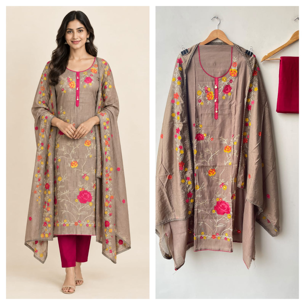 Mul Cotton Silk Unstitched Suit with Resham Mirror Kutdanna Work & Crotia Lace Dupatta