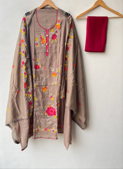 Mul Cotton Silk Unstitched Suit with Resham Mirror Kutdanna Work & Crotia Lace Dupatta