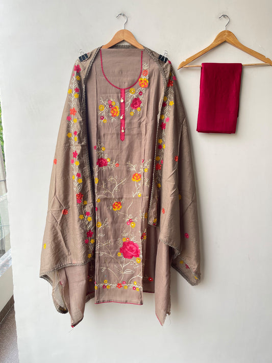Mul Cotton Silk Unstitched Suit with Resham Mirror Kutdanna Work & Crotia Lace Dupatta
