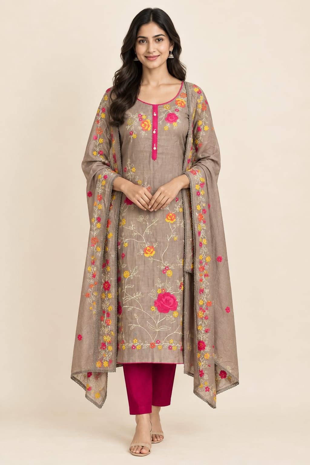 Mul Cotton Silk Unstitched Suit with Resham Mirror Kutdanna Work & Crotia Lace Dupatta