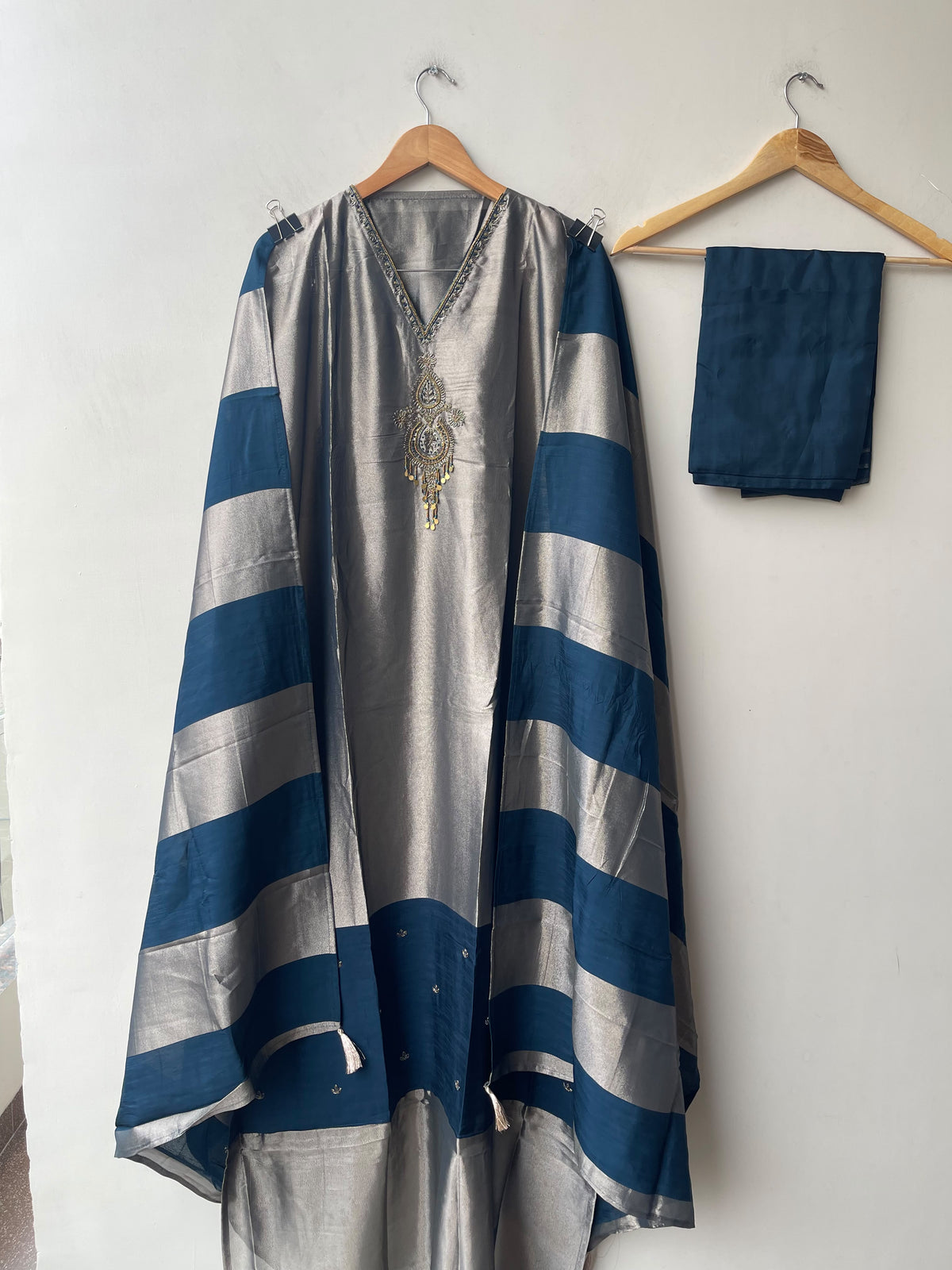 Pure Silk Unstitched Suit with Dabka Pearl Embroidery, Coin Hanging & Printed Silk Dupatta