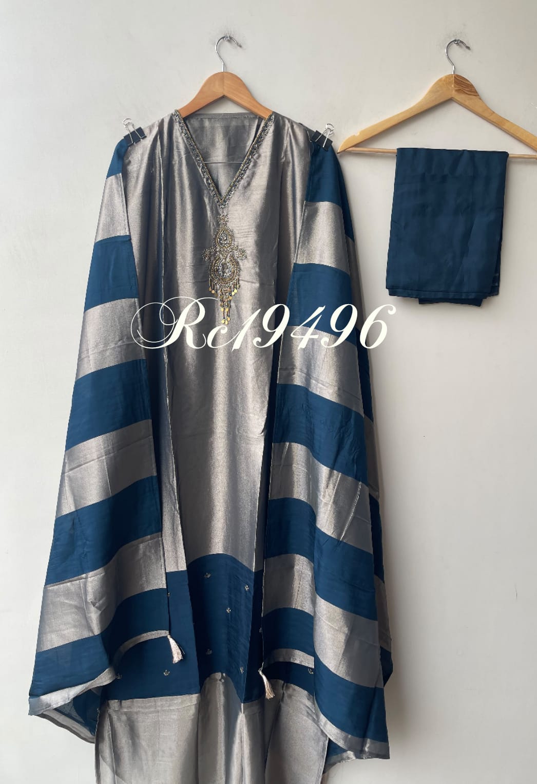 Pure Silk Unstitched Suit with Dabka Pearl Embroidery, Coin Hanging & Printed Silk Dupatta