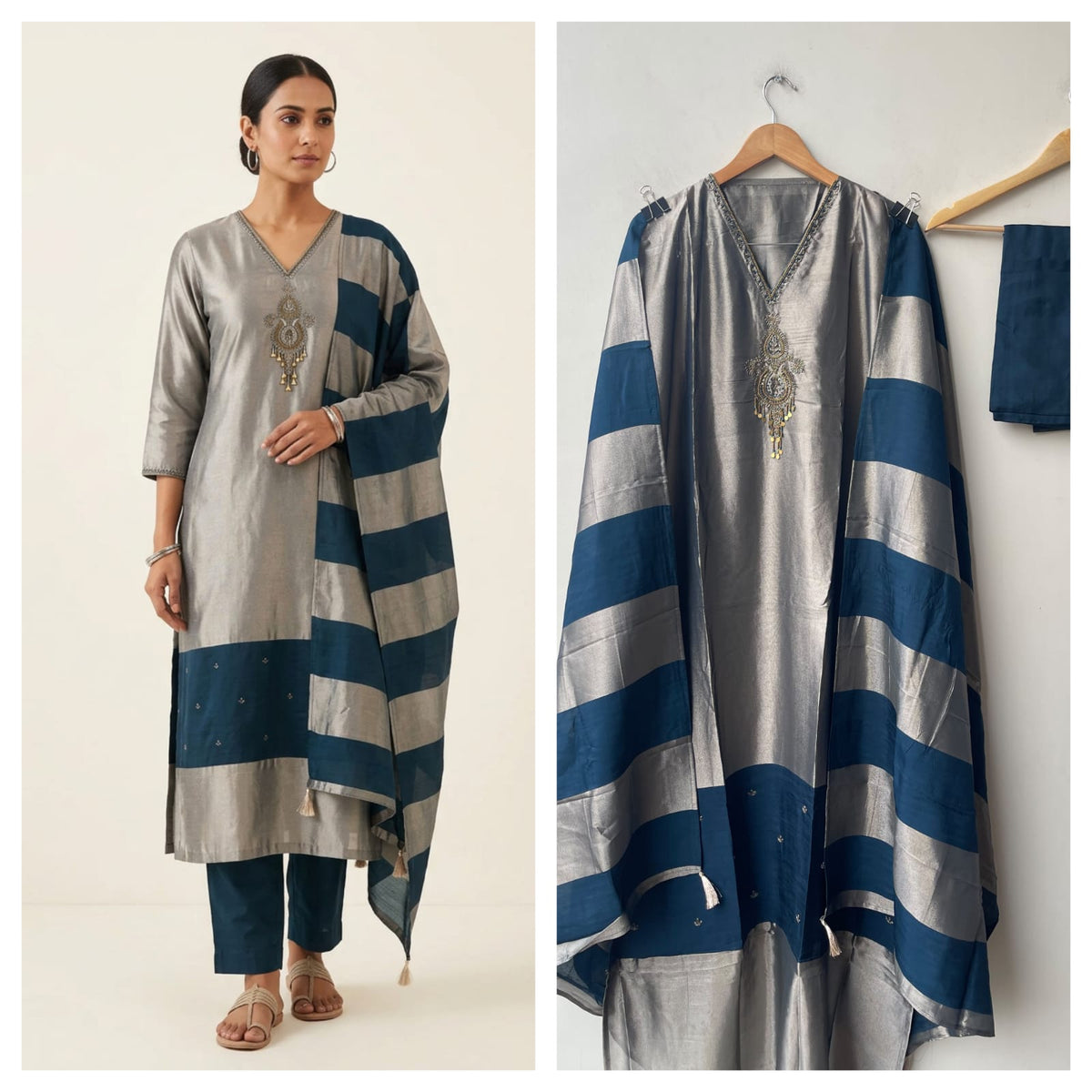 Pure Silk Unstitched Suit with Dabka Pearl Embroidery, Coin Hanging & Printed Silk Dupatta