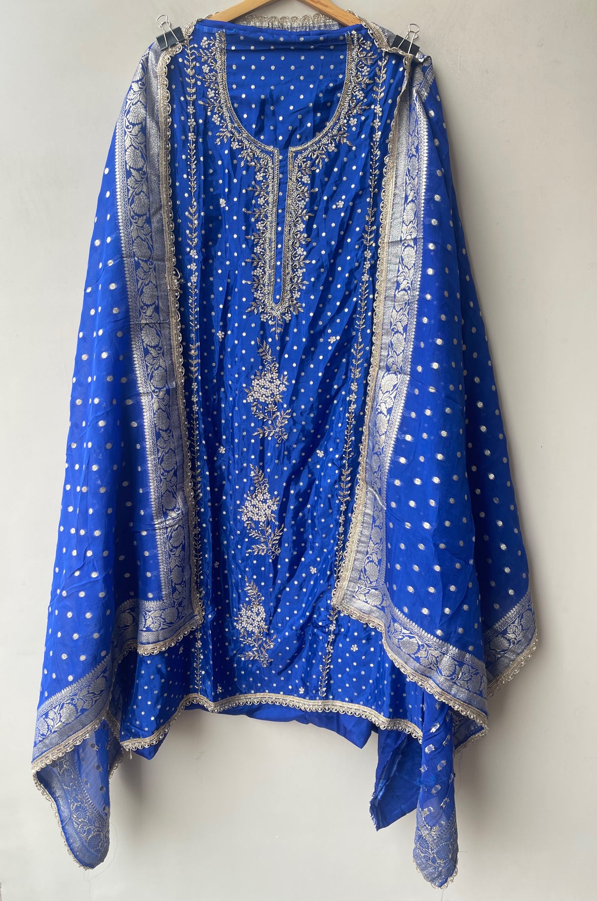 Pure Shimmer Banarasi Satin Crepe Unstitched Suit with Dabka Kutdanna Pearl Embroidery & Border Lace