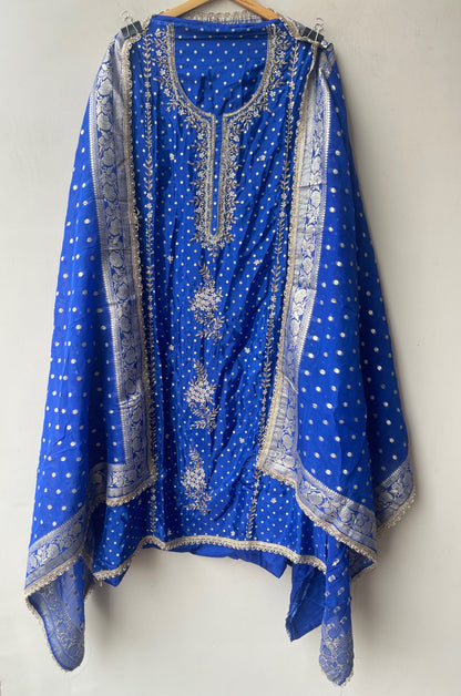 Pure Shimmer Banarasi Satin Crepe Unstitched Suit with Dabka Kutdanna Pearl Embroidery & Border Lace