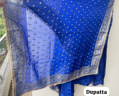 Pure Shimmer Banarasi Satin Crepe Unstitched Suit with Dabka Kutdanna Pearl Embroidery & Border Lace