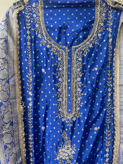 Pure Shimmer Banarasi Satin Crepe Unstitched Suit with Dabka Kutdanna Pearl Embroidery & Border Lace