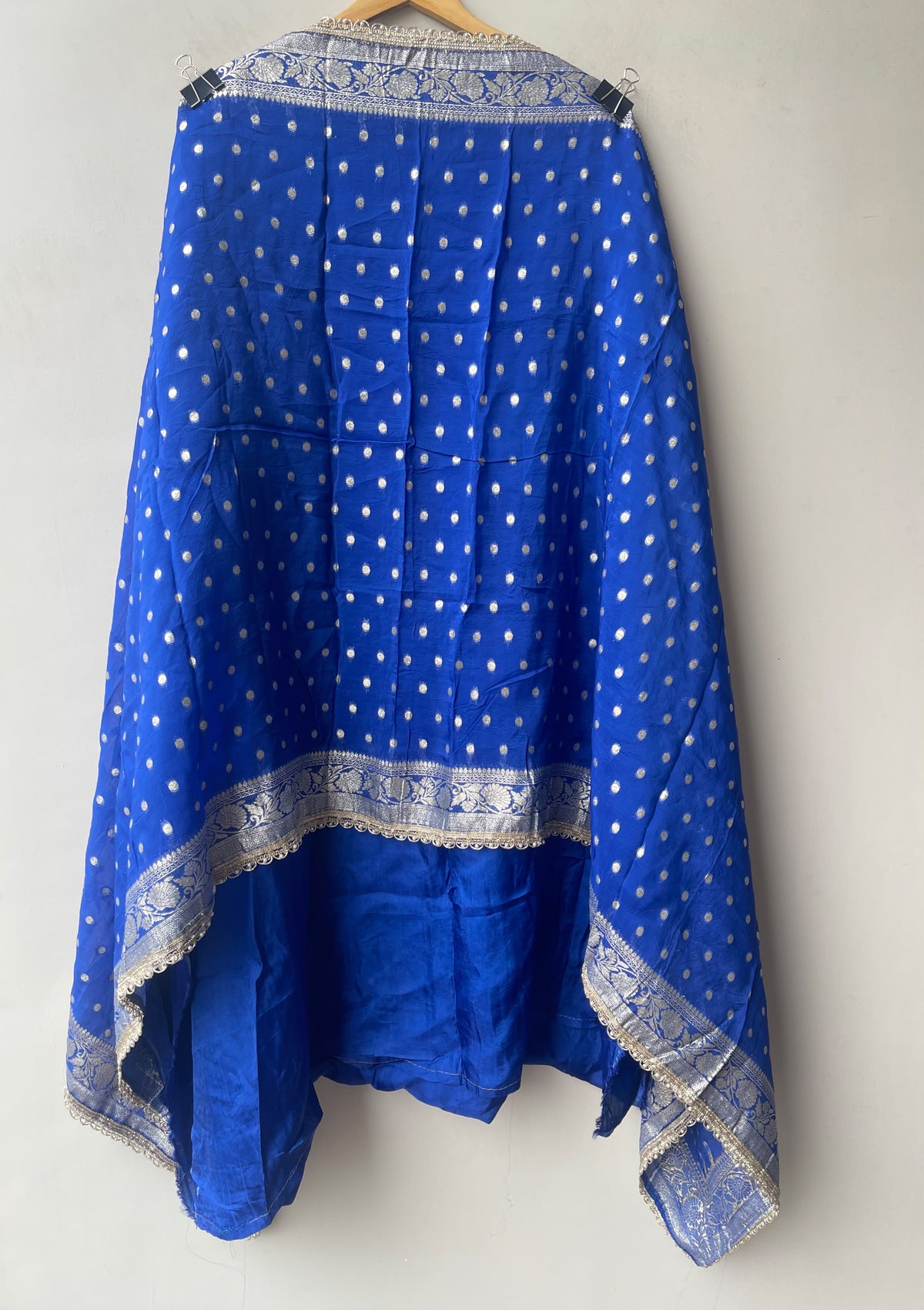 Pure Shimmer Banarasi Satin Crepe Unstitched Suit with Dabka Kutdanna Pearl Embroidery & Border Lace