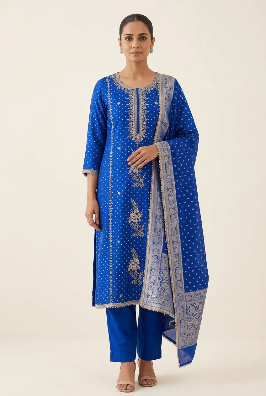 Pure Shimmer Banarasi Satin Crepe Unstitched Suit with Dabka Kutdanna Pearl Embroidery & Border Lace