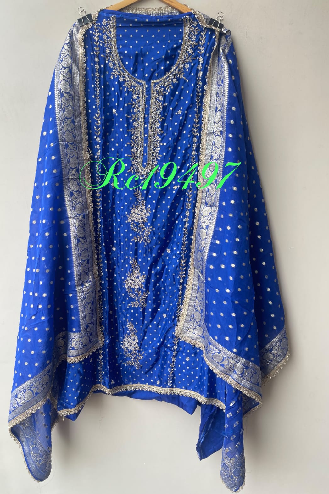 Pure Shimmer Banarasi Satin Crepe Unstitched Suit with Dabka Kutdanna Pearl Embroidery & Border Lace