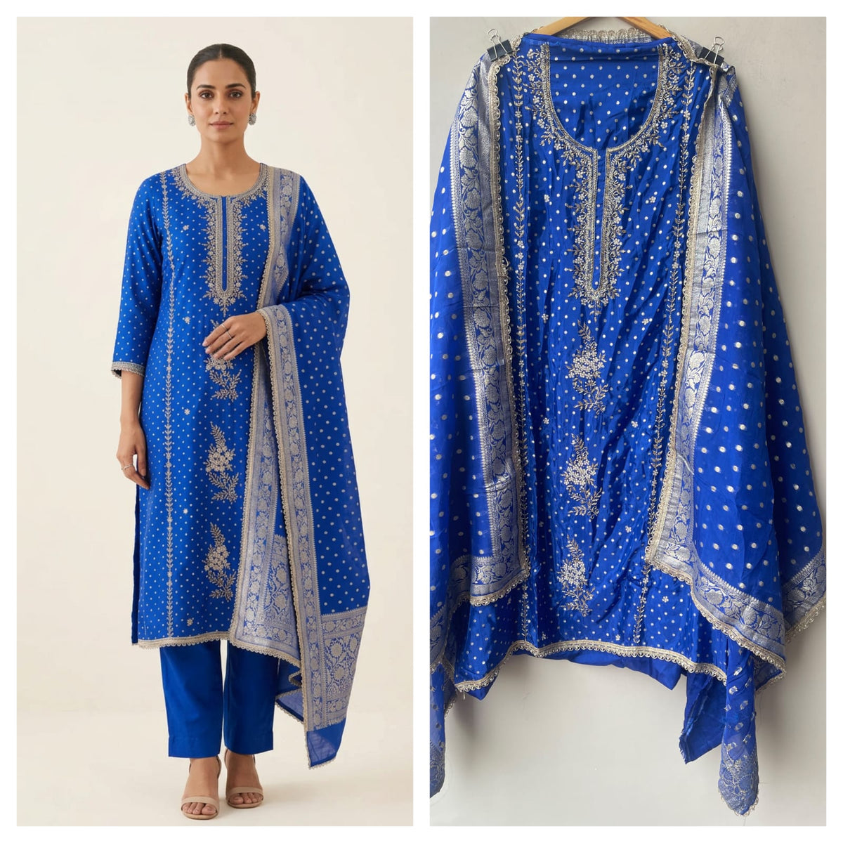 Pure Shimmer Banarasi Satin Crepe Unstitched Suit with Dabka Kutdanna Pearl Embroidery & Border Lace