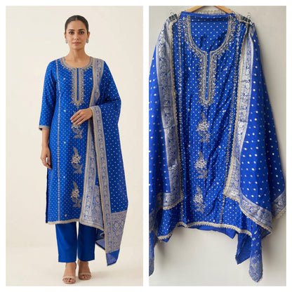 Pure Shimmer Banarasi Satin Crepe Unstitched Suit with Dabka Kutdanna Pearl Embroidery & Border Lace