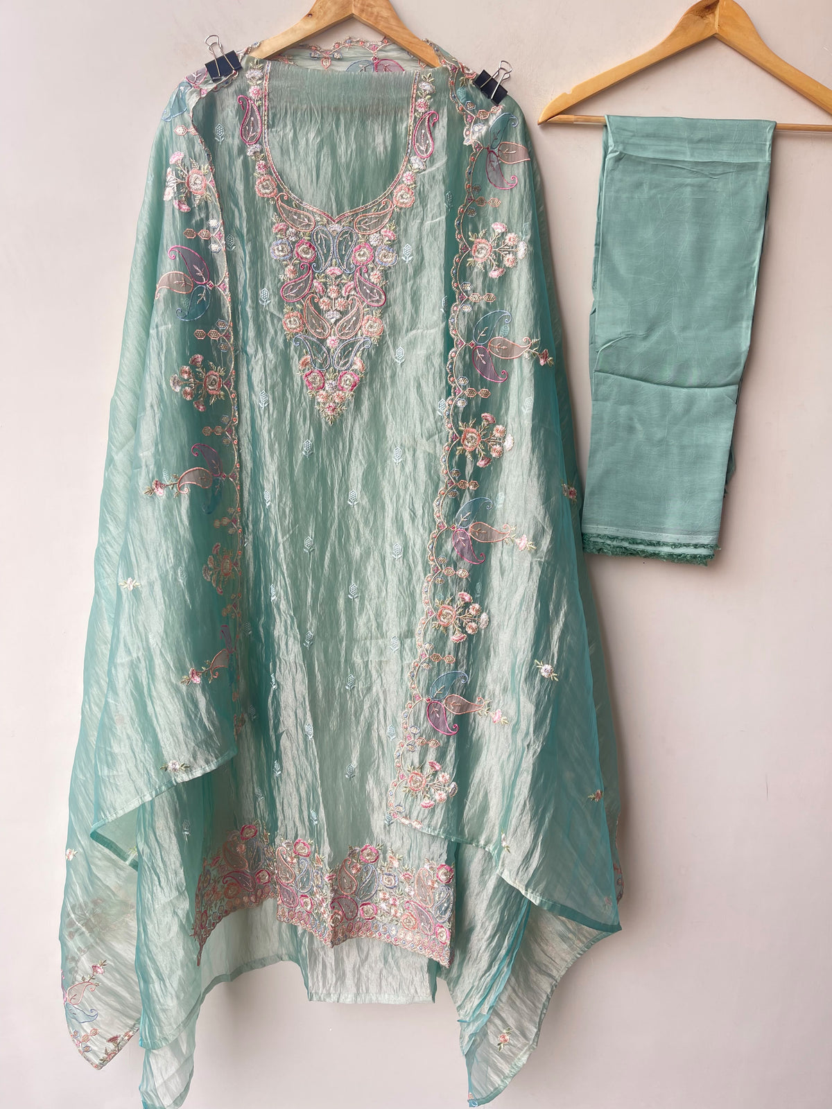 Pure Shimmer Crushed Tissue Unstitched Suit with Resham Zari Sequence Embroidery & Scalping Dupatta