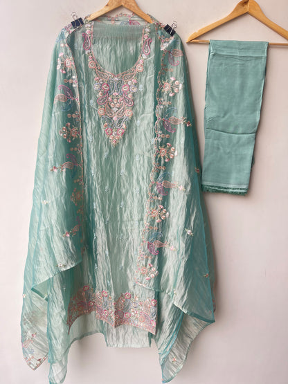 Pure Shimmer Crushed Tissue Unstitched Suit with Resham Zari Sequence Embroidery & Scalping Dupatta