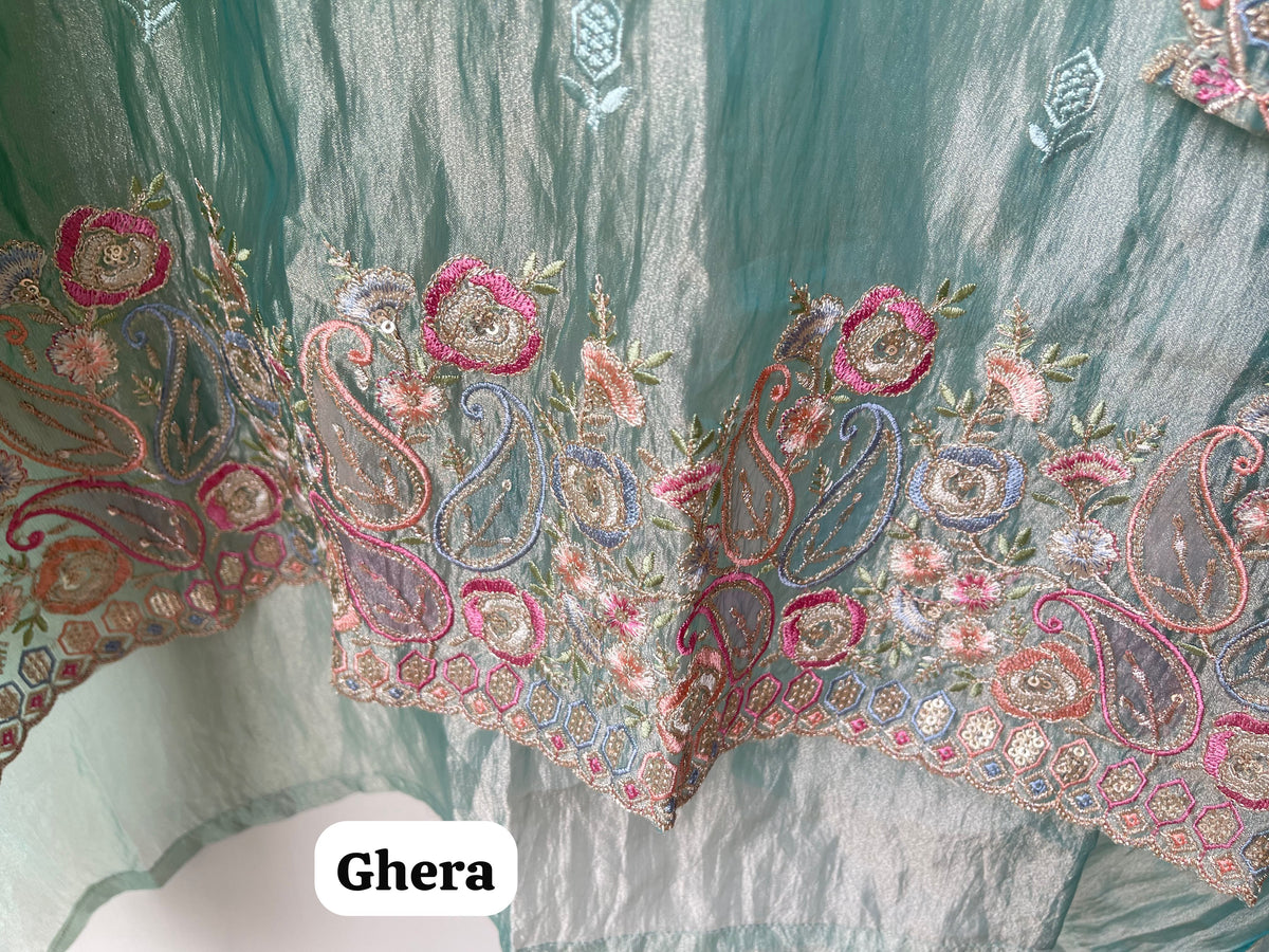 Pure Shimmer Crushed Tissue Unstitched Suit with Resham Zari Sequence Embroidery & Scalping Dupatta