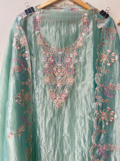 Pure Shimmer Crushed Tissue Unstitched Suit with Resham Zari Sequence Embroidery & Scalping Dupatta